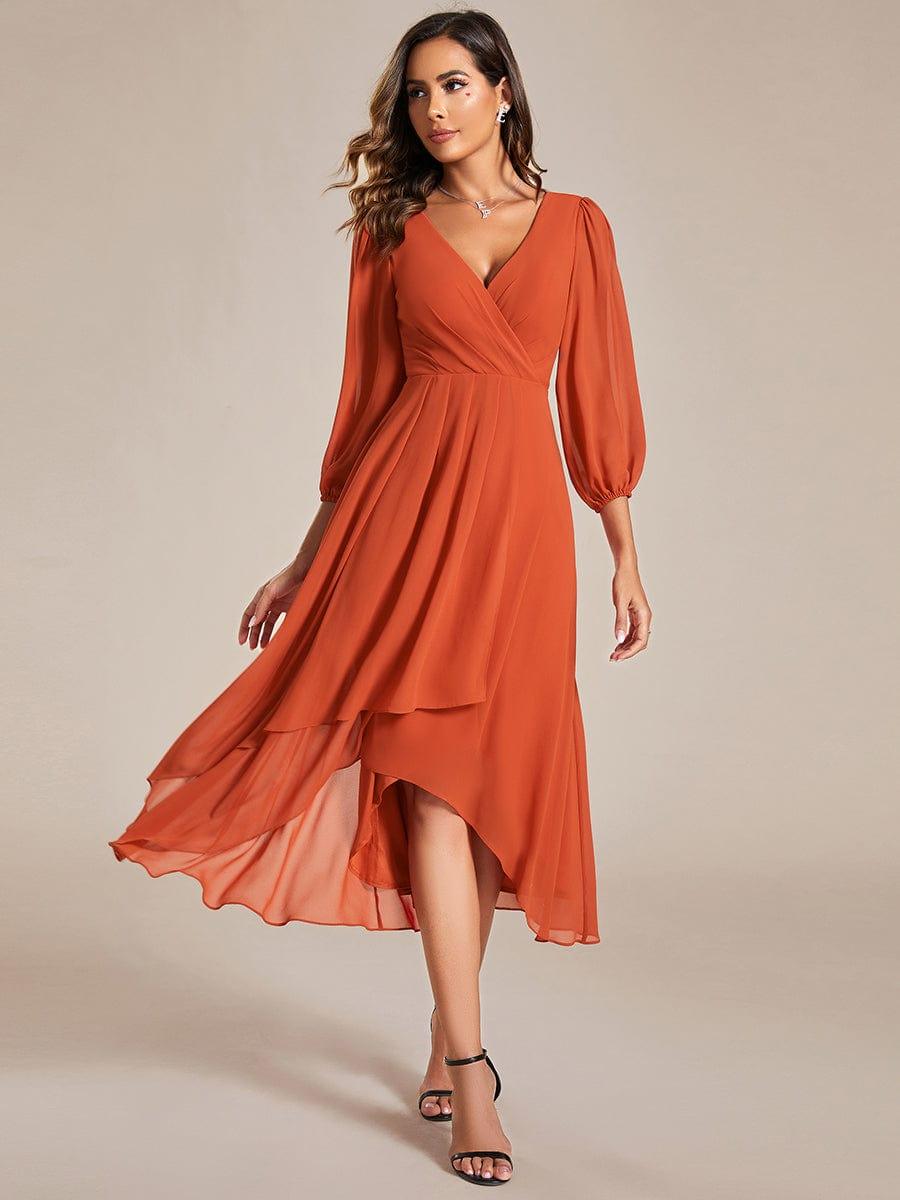 BRIAR|3/4 Sleeves Asymmetrical Hem A-Line Midi Bridesmaid Dress