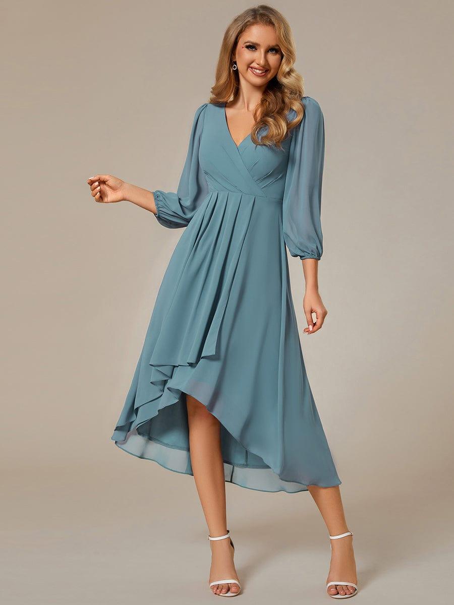 BRIAR|3/4 Sleeves Asymmetrical Hem A-Line Midi Bridesmaid Dress