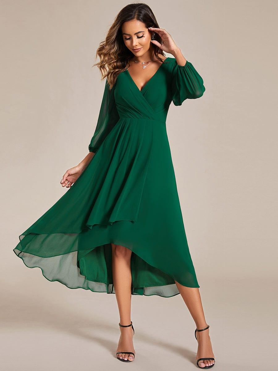 BRIAR|3/4 Sleeves Asymmetrical Hem A-Line Midi Bridesmaid Dress