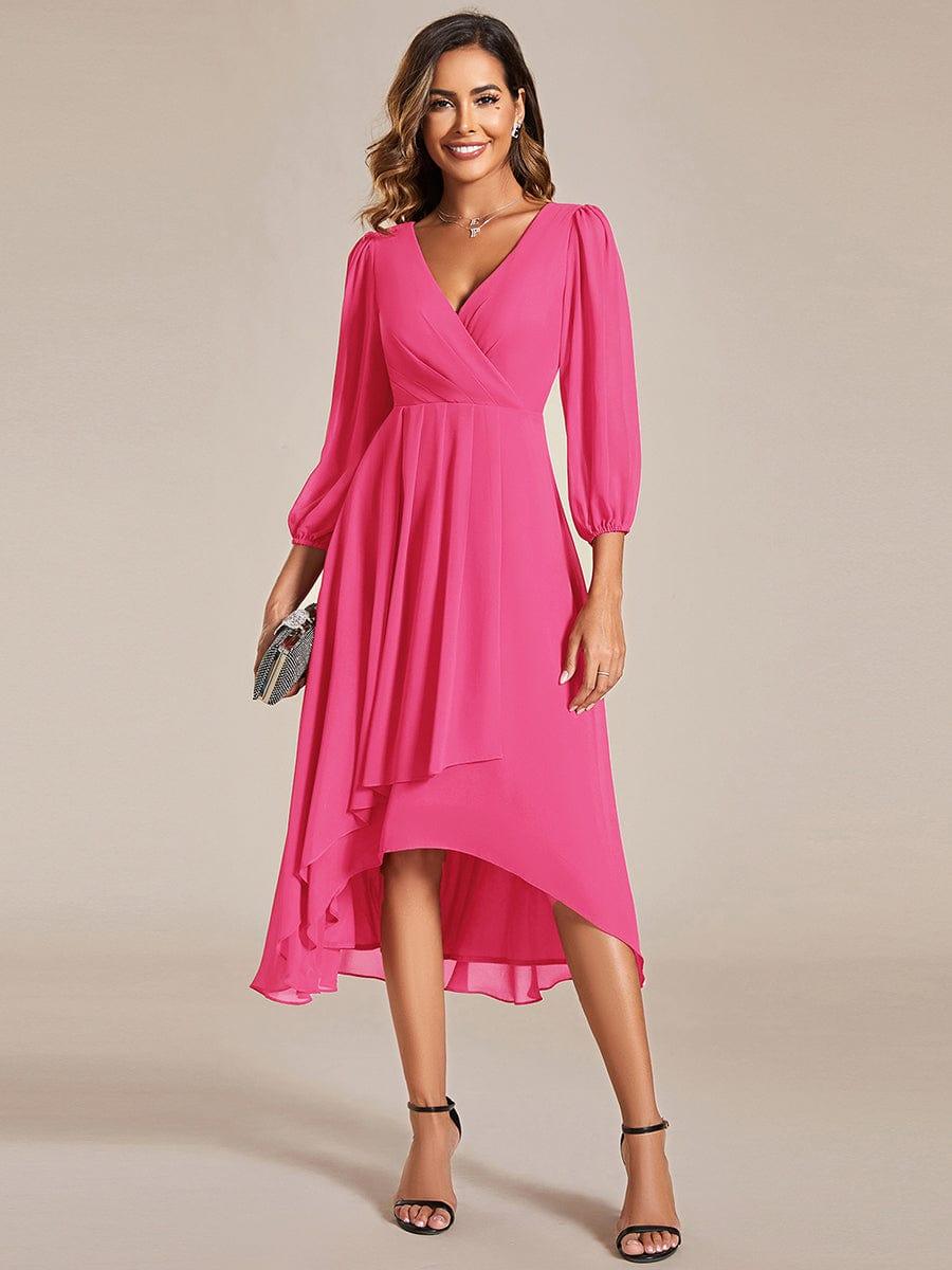 BRIAR|3/4 Sleeves Asymmetrical Hem A-Line Midi Bridesmaid Dress