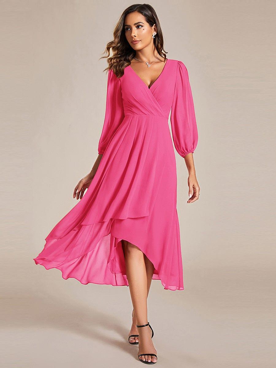 BRIAR|3/4 Sleeves Asymmetrical Hem A-Line Midi Bridesmaid Dress
