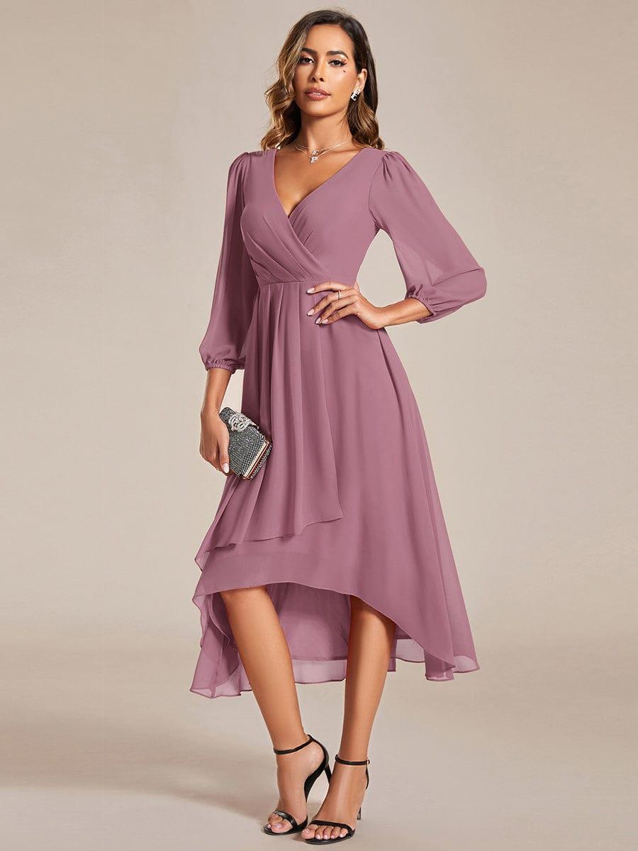 BRIAR|3/4 Sleeves Asymmetrical Hem A-Line Midi Bridesmaid Dress