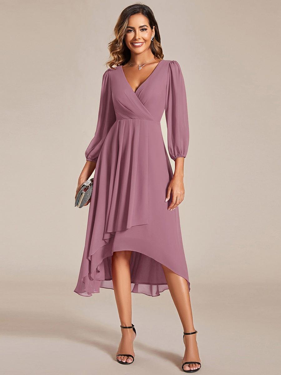 BRIAR|3/4 Sleeves Asymmetrical Hem A-Line Midi Bridesmaid Dress