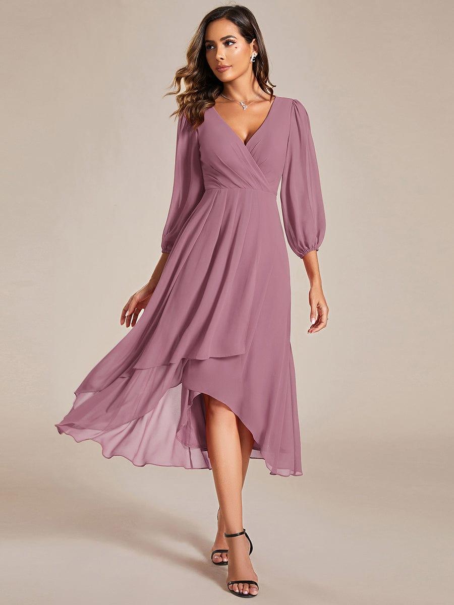 BRIAR|3/4 Sleeves Asymmetrical Hem A-Line Midi Bridesmaid Dress