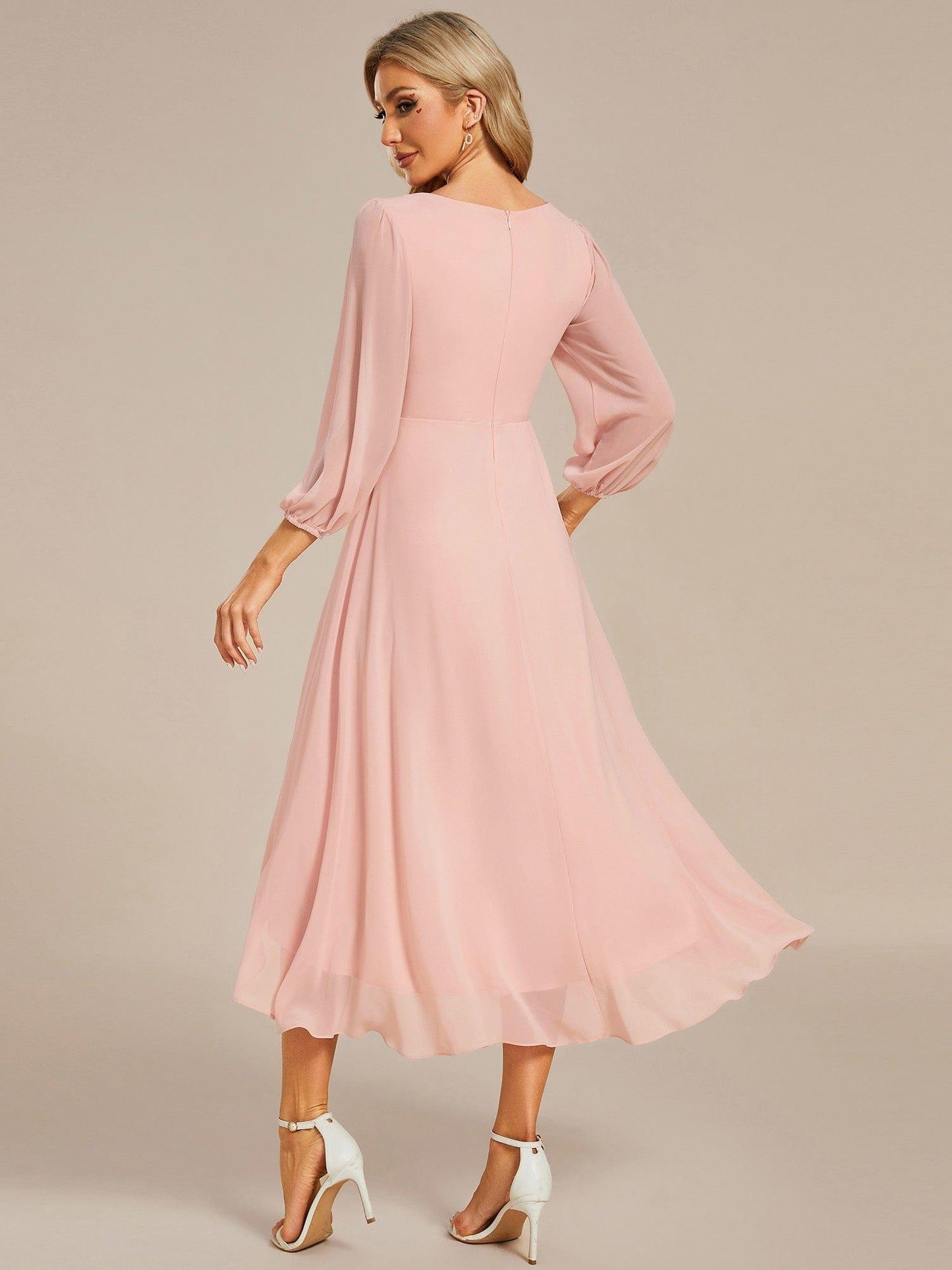 BRIAR|3/4 Sleeves Asymmetrical Hem A-Line Midi Bridesmaid Dress