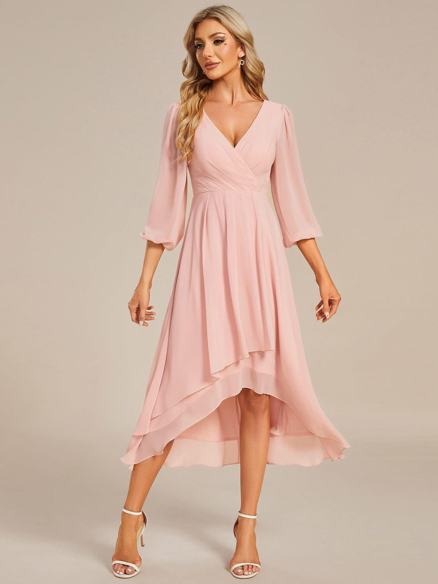 BRIAR|3/4 Sleeves Asymmetrical Hem A-Line Midi Bridesmaid Dress