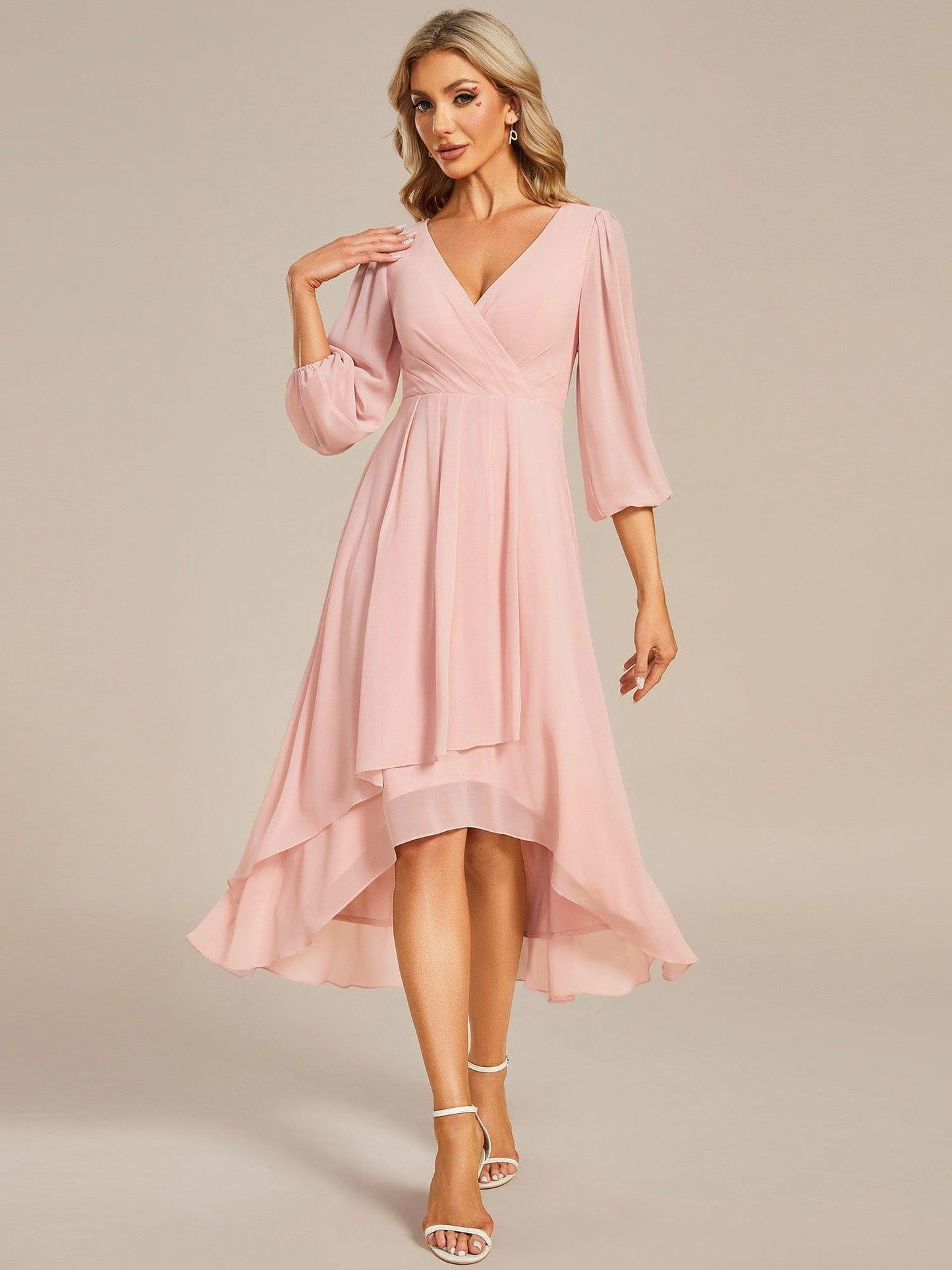 BRIAR|3/4 Sleeves Asymmetrical Hem A-Line Midi Bridesmaid Dress