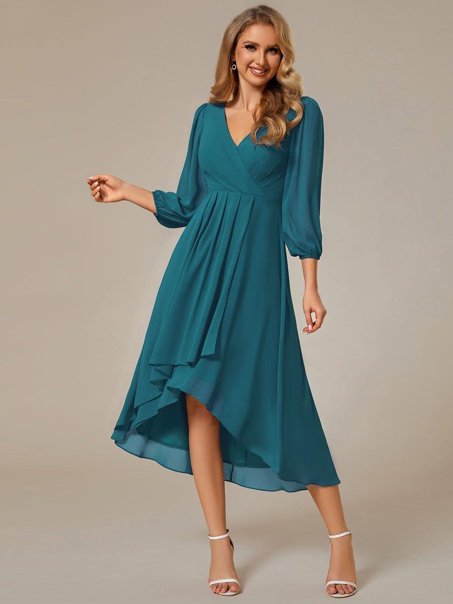 BRIAR|3/4 Sleeves Asymmetrical Hem A-Line Midi Bridesmaid Dress