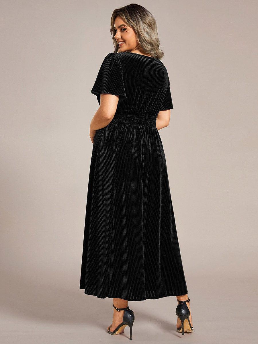 AZALEA|Graceful V-Neck Waist Design Short Sleeves Fall Velvet Midi Bridesmaid Dress
