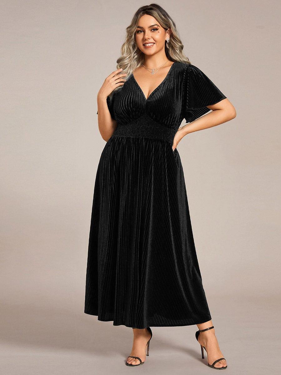 AZALEA|Graceful V-Neck Waist Design Short Sleeves Fall Velvet Midi Bridesmaid Dress