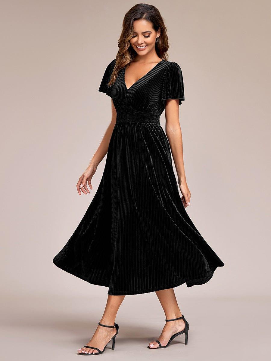 AZALEA|Graceful V-Neck Waist Design Short Sleeves Fall Velvet Midi Bridesmaid Dress