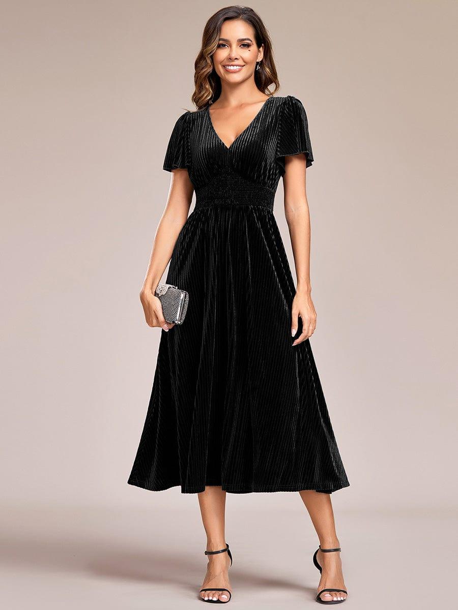 AZALEA|Graceful V-Neck Waist Design Short Sleeves Fall Velvet Midi Bridesmaid Dress