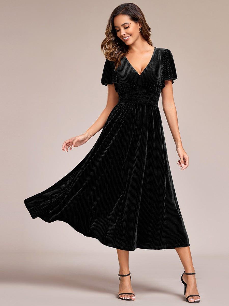 AZALEA|Graceful V-Neck Waist Design Short Sleeves Fall Velvet Midi Bridesmaid Dress