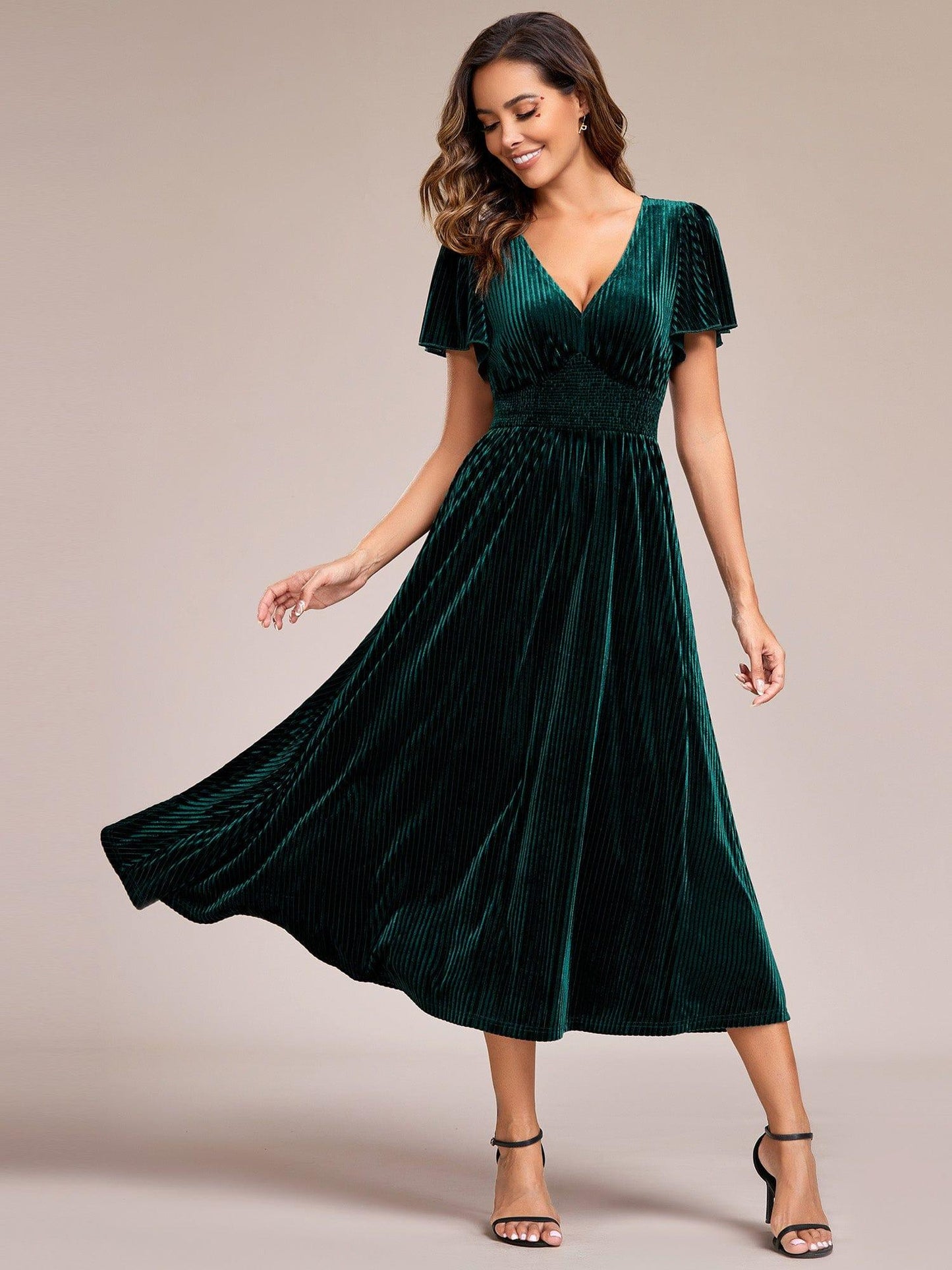 AZALEA|Graceful V-Neck Waist Design Short Sleeves Fall Velvet Midi Bridesmaid Dress