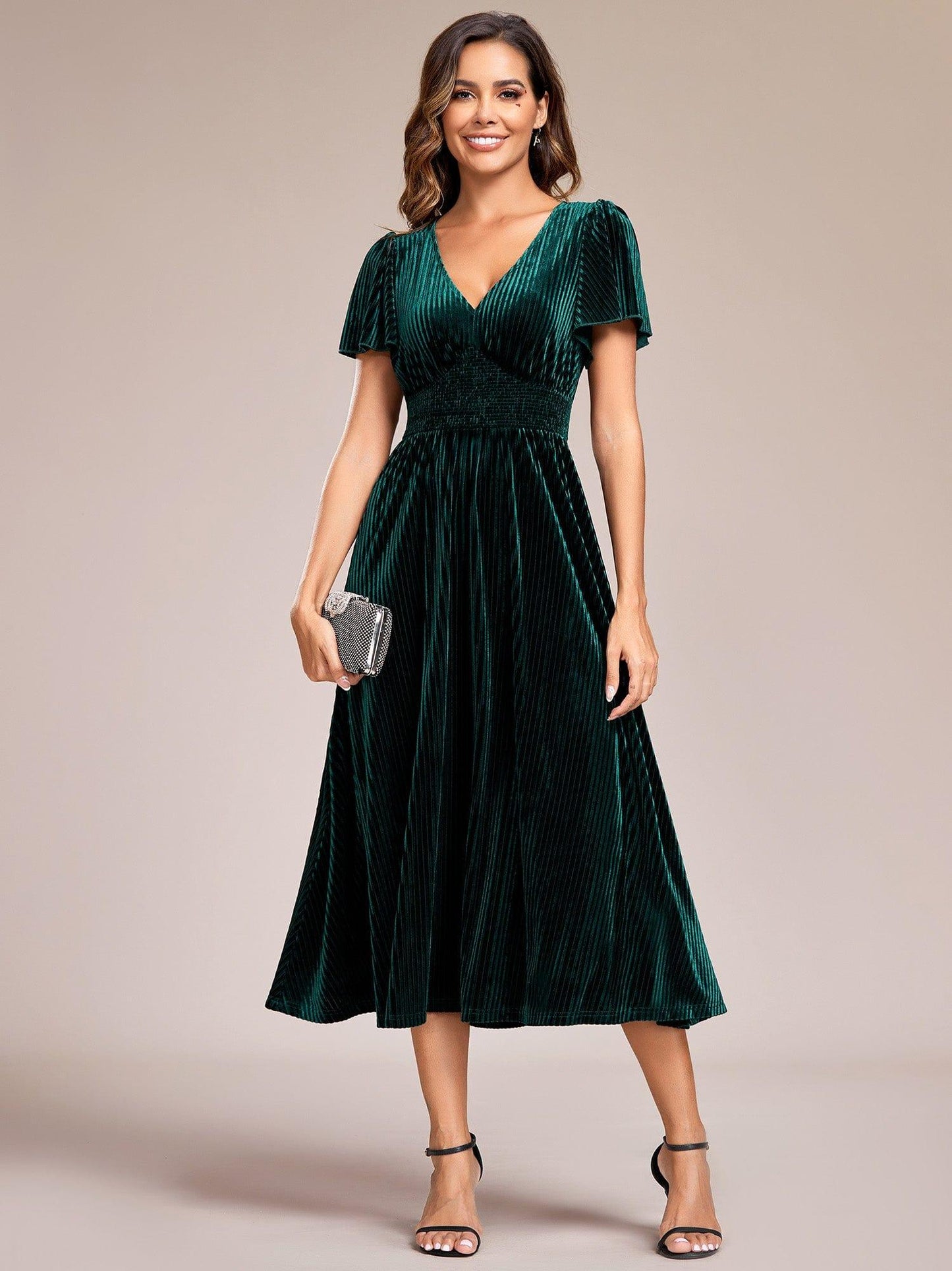 AZALEA|Graceful V-Neck Waist Design Short Sleeves Fall Velvet Midi Bridesmaid Dress