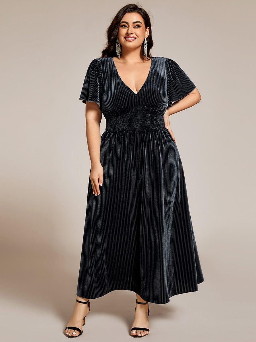 AZALEA|Graceful V-Neck Waist Design Short Sleeves Fall Velvet Midi Bridesmaid Dress
