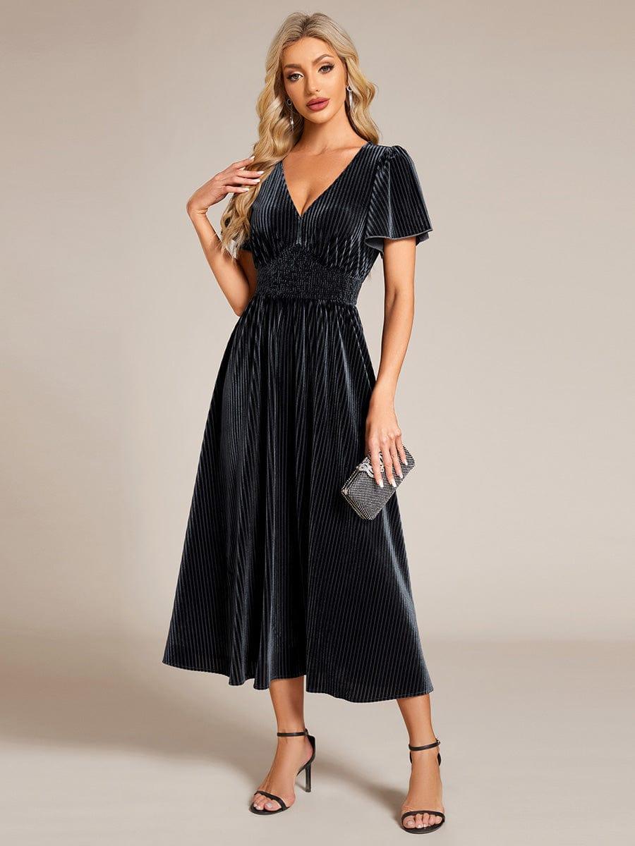 AZALEA|Graceful V-Neck Waist Design Short Sleeves Fall Velvet Midi Bridesmaid Dress