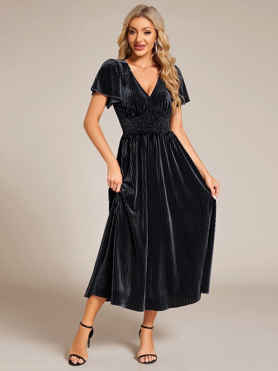 AZALEA|Graceful V-Neck Waist Design Short Sleeves Fall Velvet Midi Bridesmaid Dress