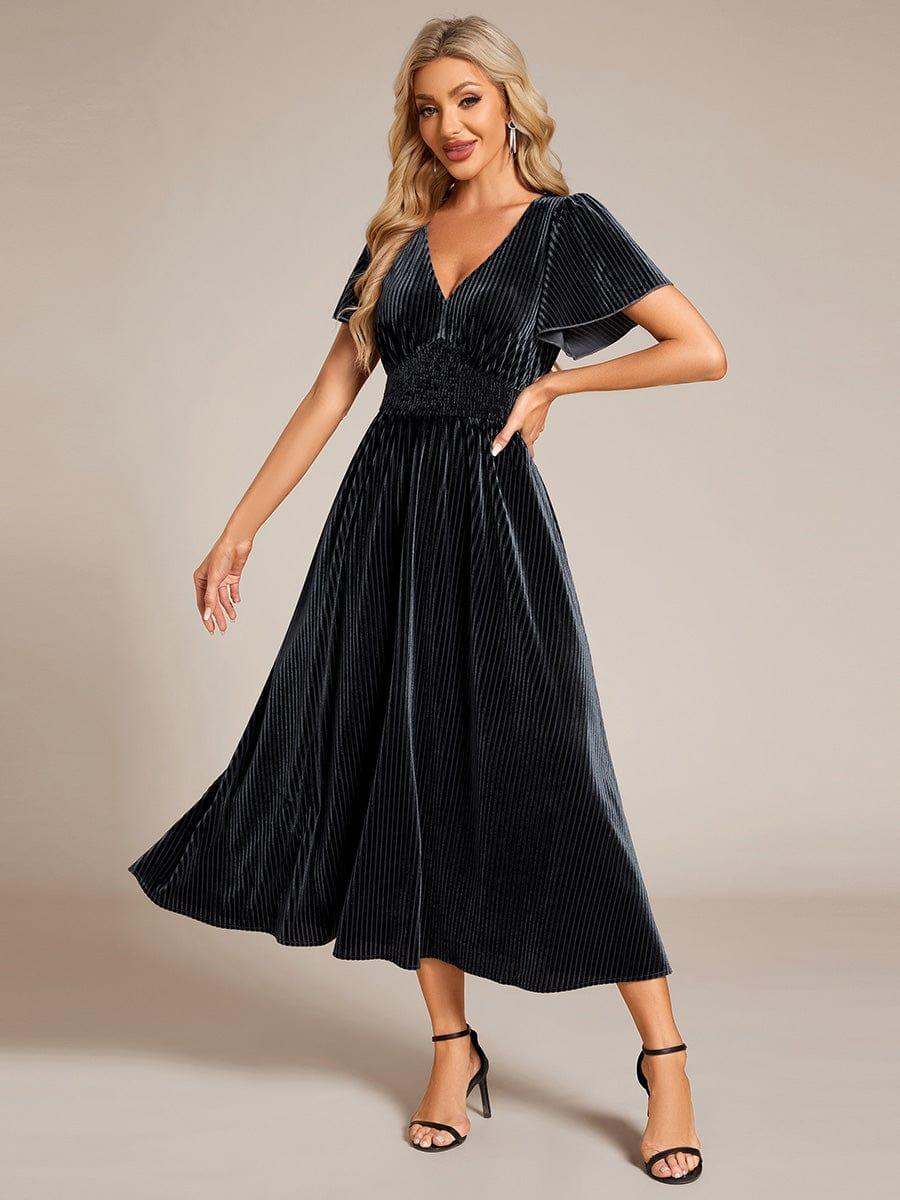 AZALEA|Graceful V-Neck Waist Design Short Sleeves Fall Velvet Midi Bridesmaid Dress