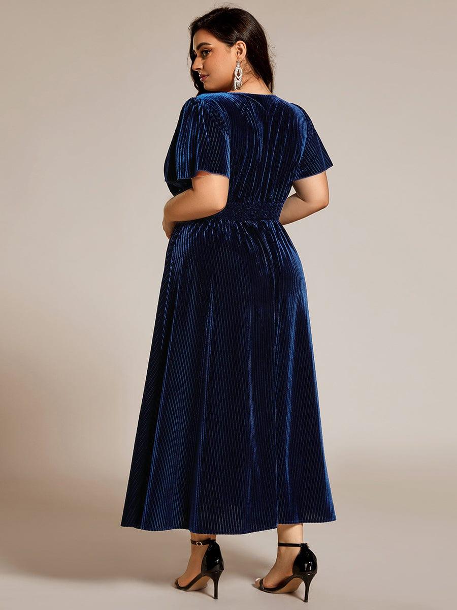 AZALEA|Graceful V-Neck Waist Design Short Sleeves Fall Velvet Midi Bridesmaid Dress