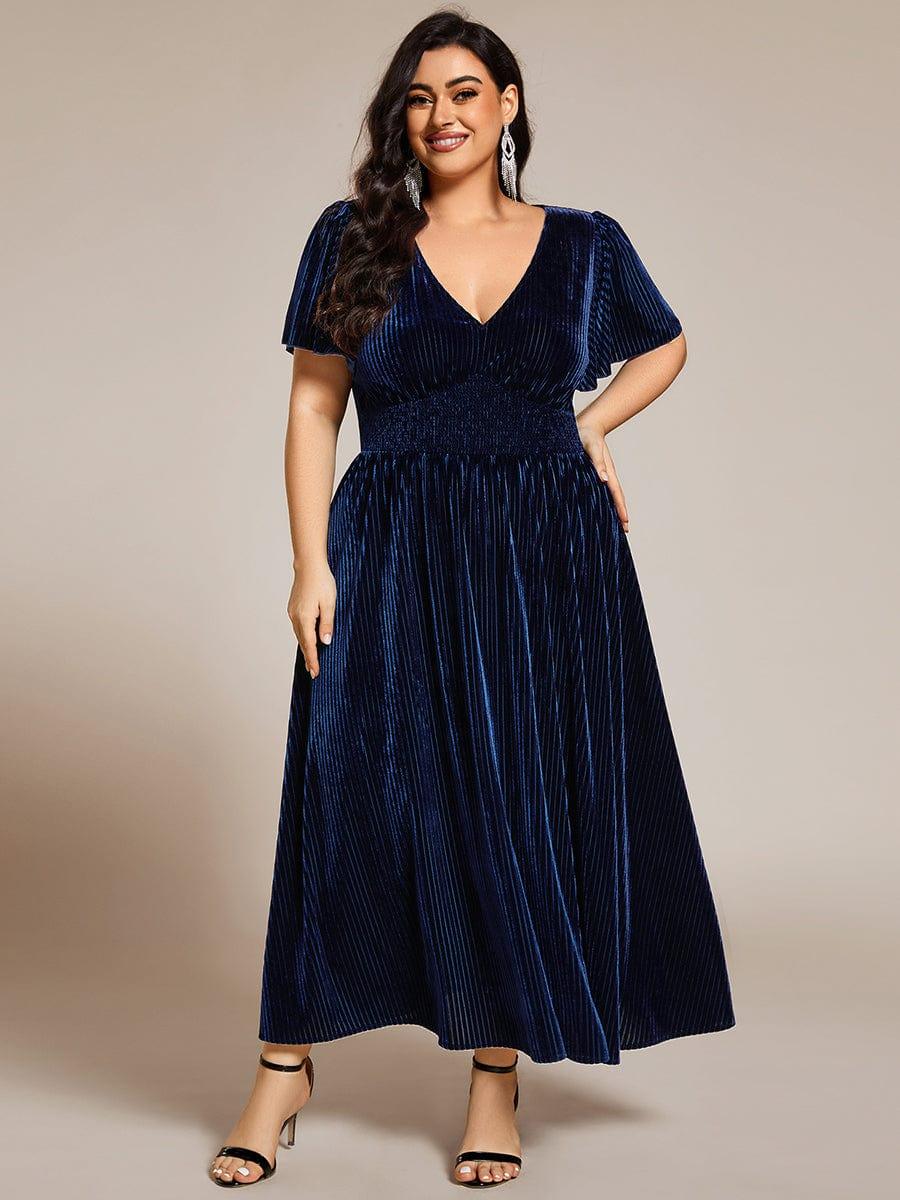 AZALEA|Graceful V-Neck Waist Design Short Sleeves Fall Velvet Midi Bridesmaid Dress