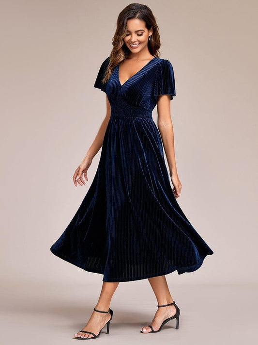 AZALEA|Graceful V-Neck Waist Design Short Sleeves Fall Velvet Midi Bridesmaid Dress