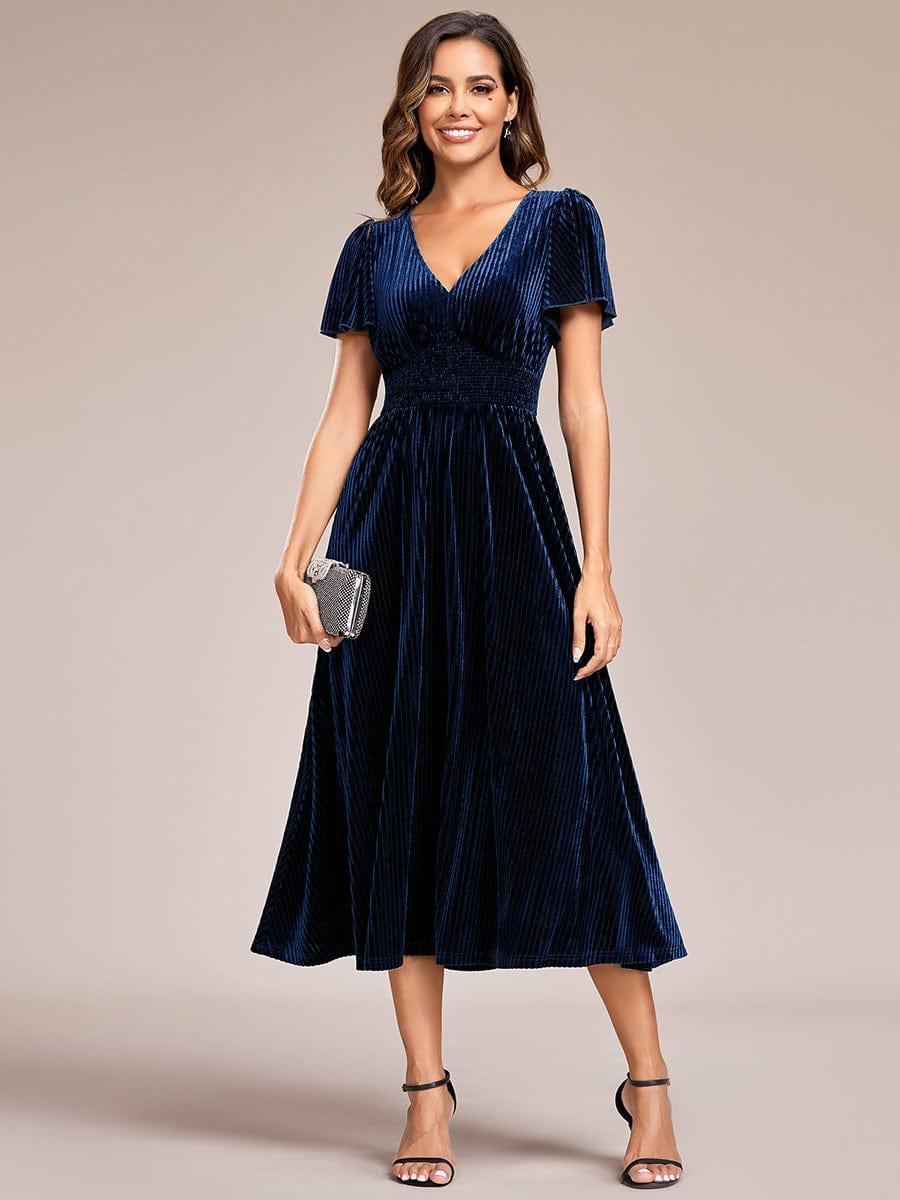 AZALEA|Graceful V-Neck Waist Design Short Sleeves Fall Velvet Midi Bridesmaid Dress