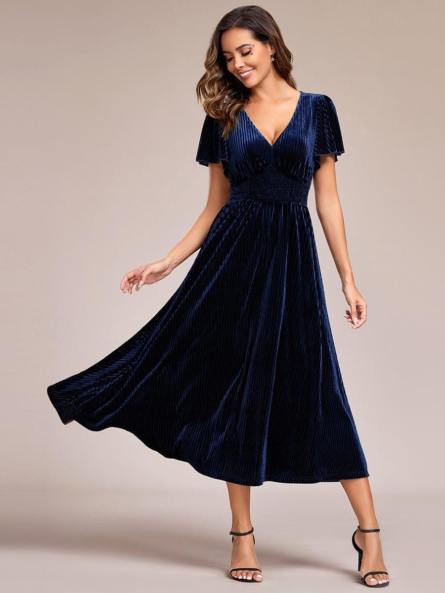 AZALEA|Graceful V-Neck Waist Design Short Sleeves Fall Velvet Midi Bridesmaid Dress
