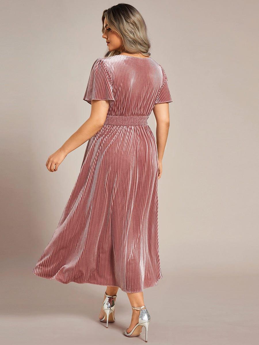 AZALEA|Graceful V-Neck Waist Design Short Sleeves Fall Velvet Midi Bridesmaid Dress