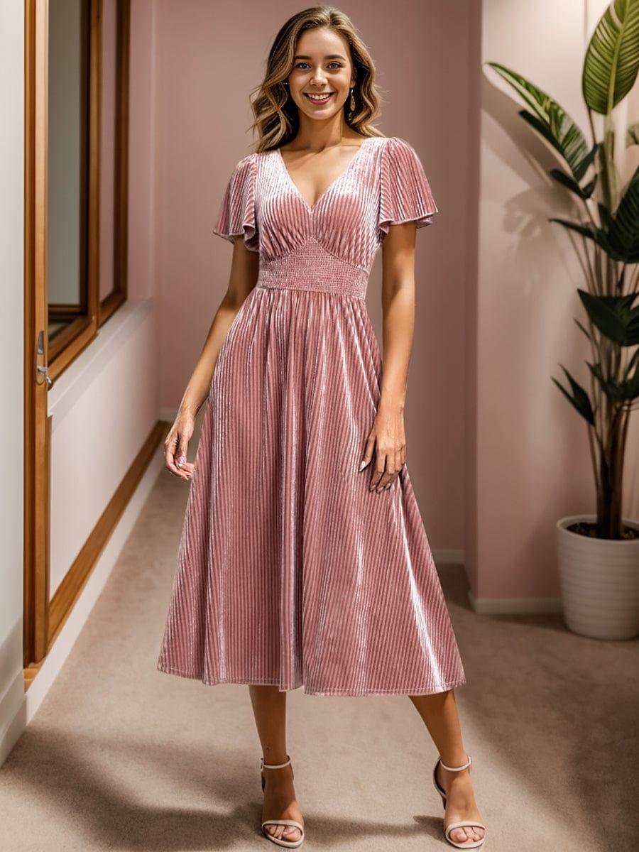 AZALEA|Graceful V-Neck Waist Design Short Sleeves Fall Velvet Midi Bridesmaid Dress