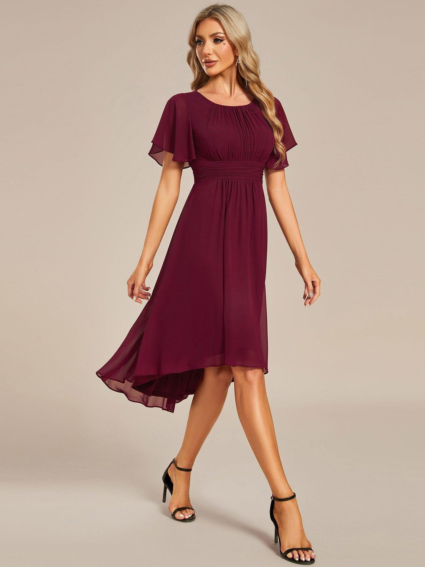 EDEN|Flowy Chiffon Round Neckline A-Line Knee Length Bridesmaid Dress