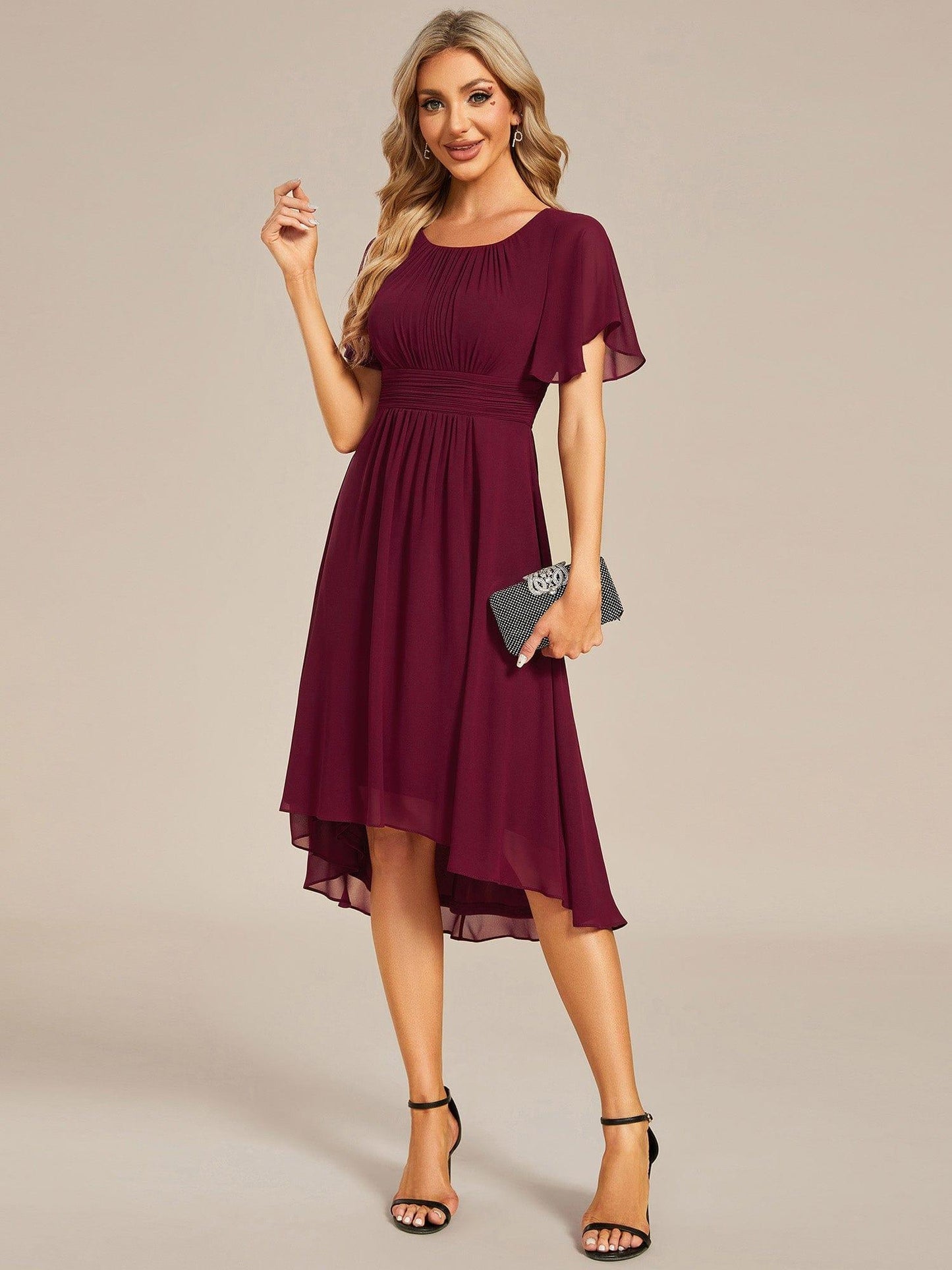EDEN|Flowy Chiffon Round Neckline A-Line Knee Length Bridesmaid Dress