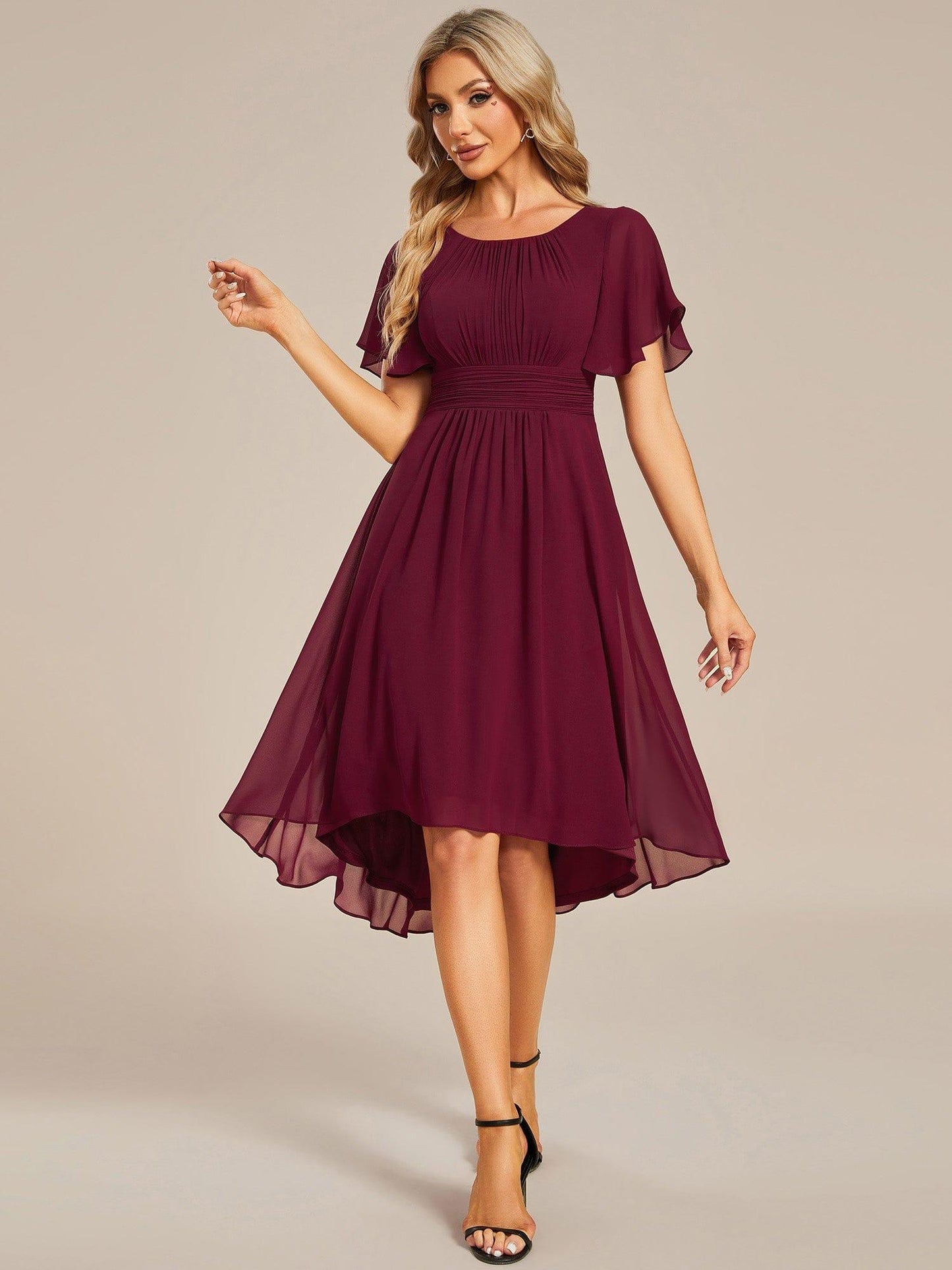 EDEN|Flowy Chiffon Round Neckline A-Line Knee Length Bridesmaid Dress