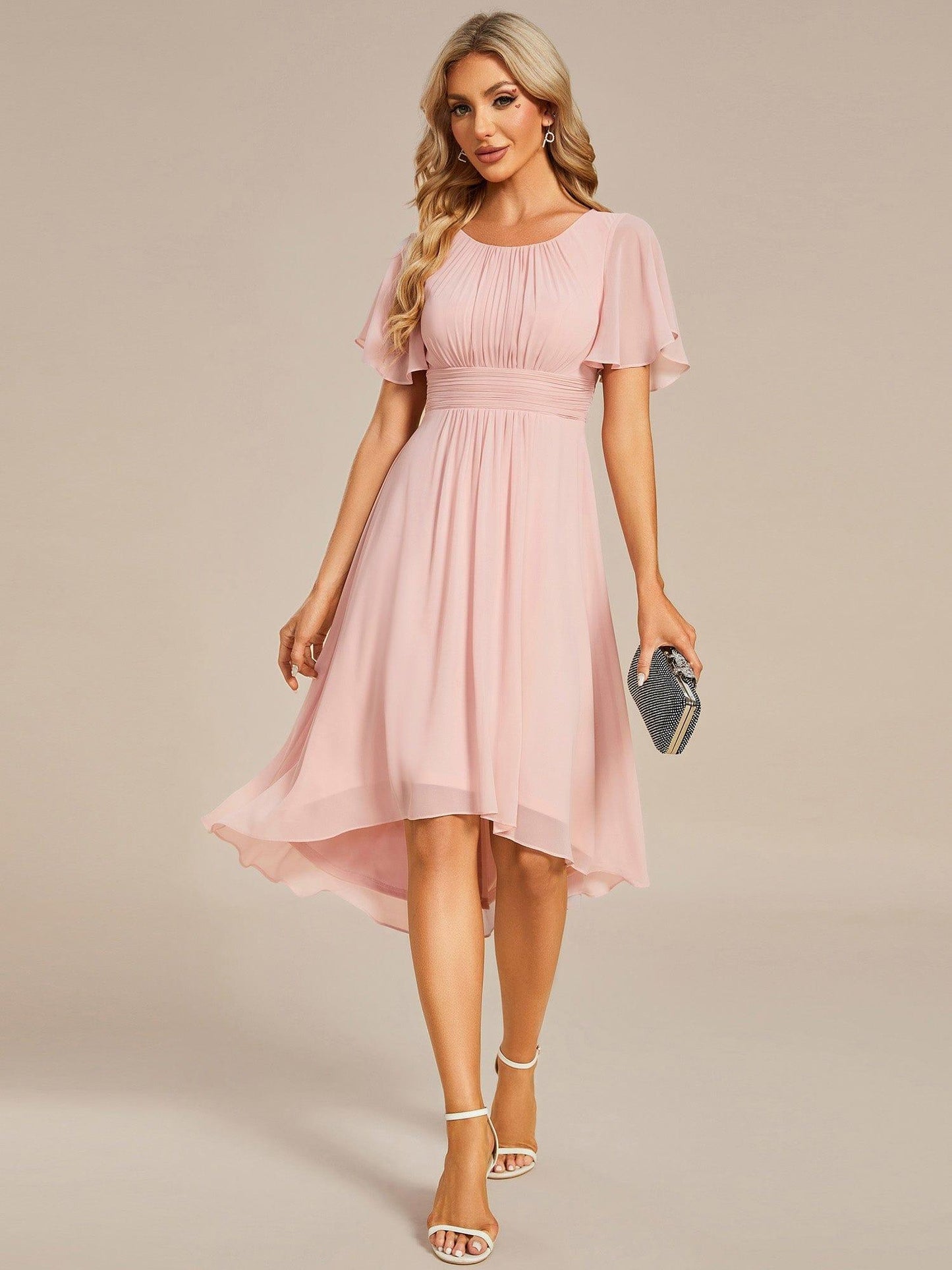 EDEN|Flowy Chiffon Round Neckline A-Line Knee Length Bridesmaid Dress
