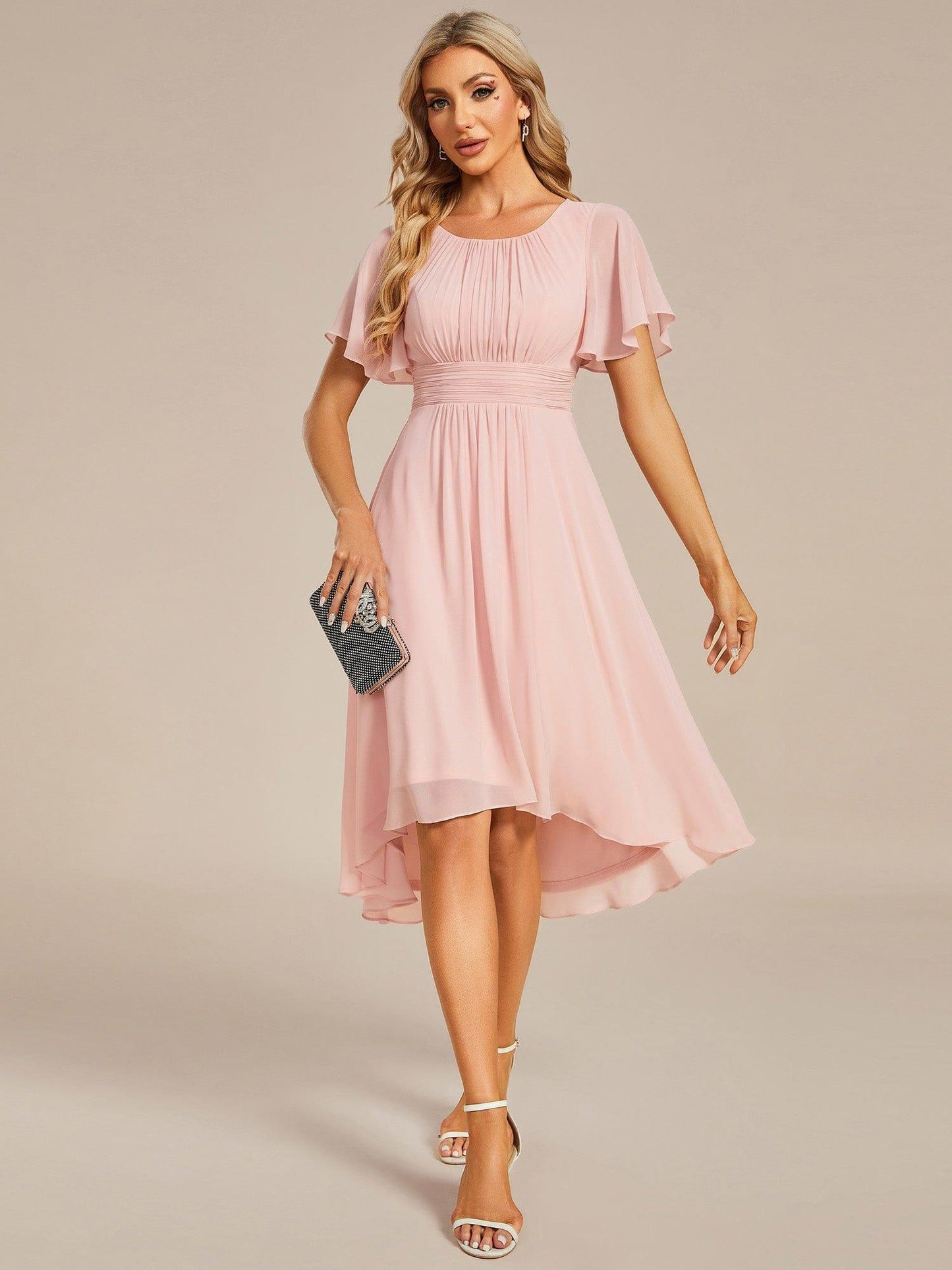 EDEN|Flowy Chiffon Round Neckline A-Line Knee Length Bridesmaid Dress