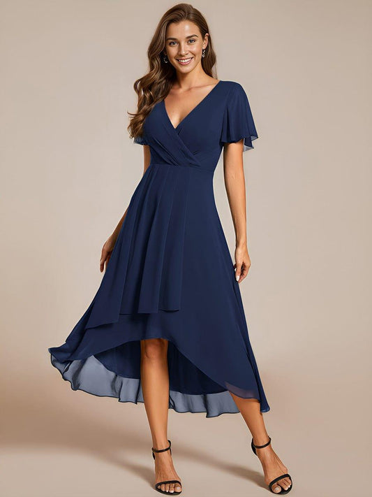 LARK|Pleated Chiffon Ruffles Sleeve Midi Bridesmaid Dress