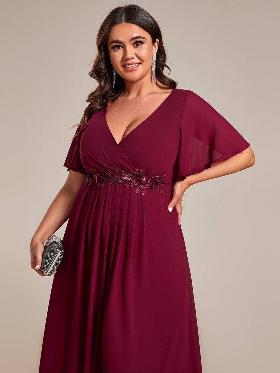 DAHLIA|Floral Applique Short Sleeve V-Neck Chiffon Bridesmaid Dress