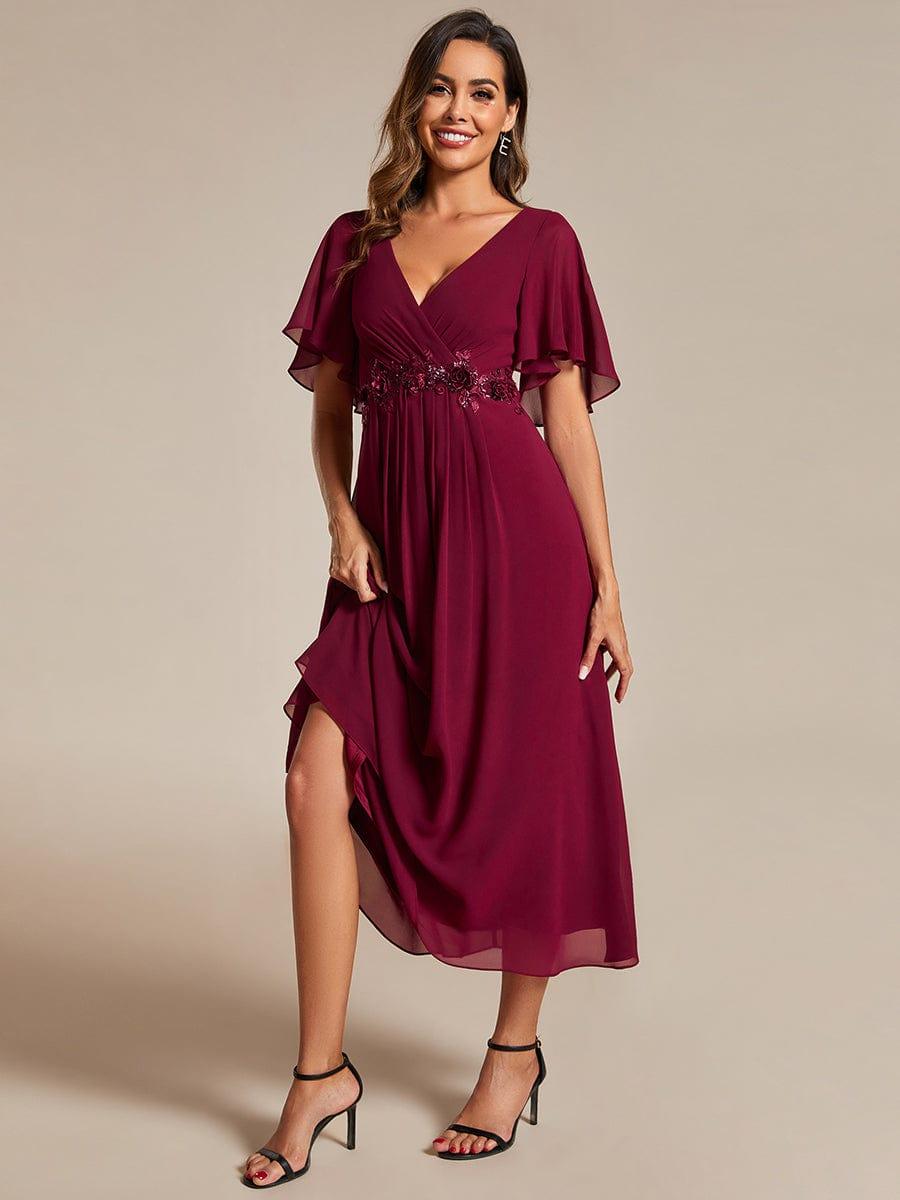 DAHLIA|Floral Applique Short Sleeve V-Neck Chiffon Bridesmaid Dress