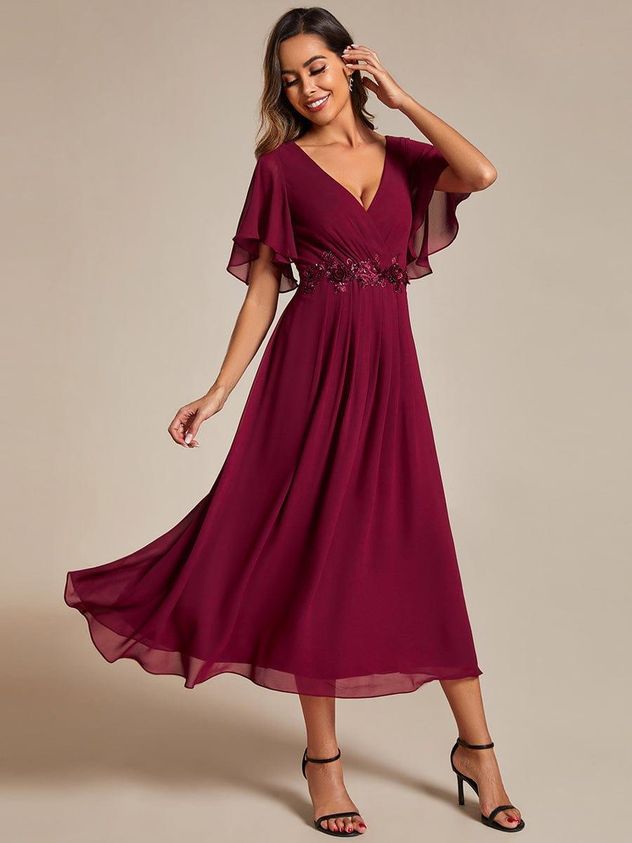 DAHLIA|Floral Applique Short Sleeve V-Neck Chiffon Bridesmaid Dress