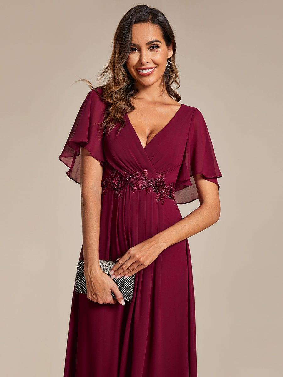 DAHLIA|Floral Applique Short Sleeve V-Neck Chiffon Bridesmaid Dress
