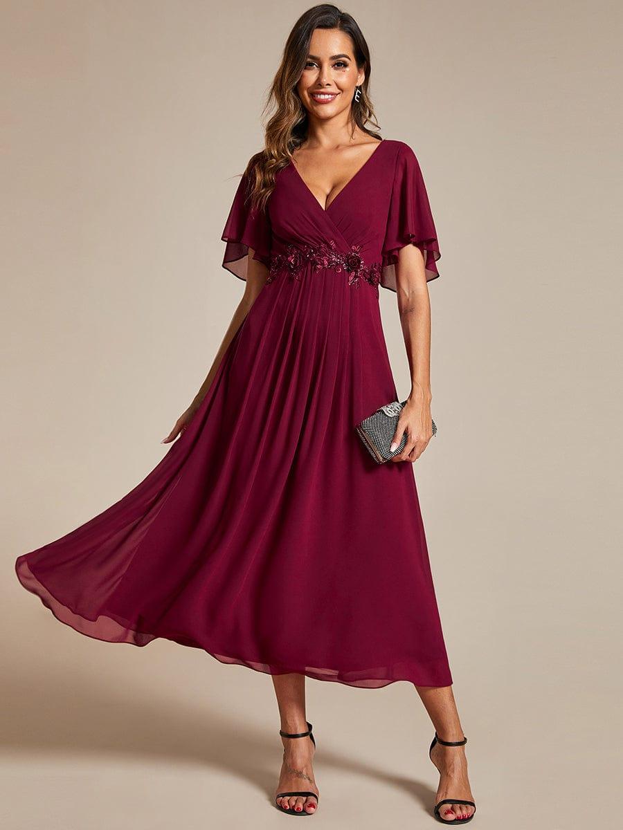 DAHLIA|Floral Applique Short Sleeve V-Neck Chiffon Bridesmaid Dress