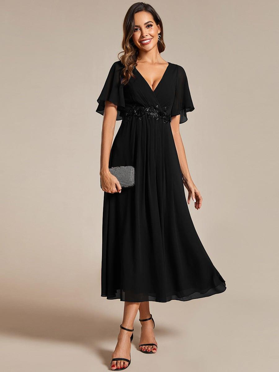 DAHLIA|Floral Applique Short Sleeve V-Neck Chiffon Bridesmaid Dress