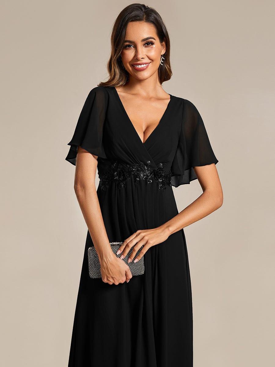 DAHLIA|Floral Applique Short Sleeve V-Neck Chiffon Bridesmaid Dress
