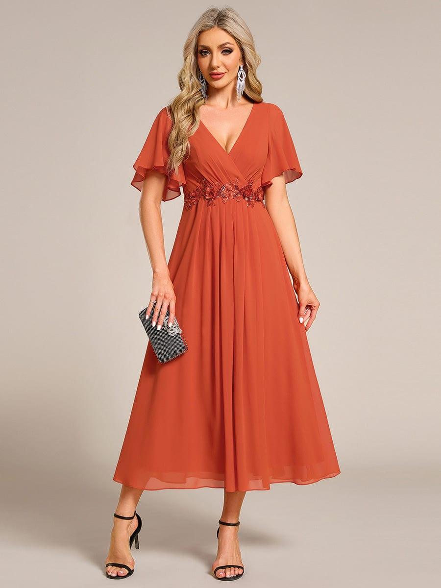 DAHLIA|Floral Applique Short Sleeve V-Neck Chiffon Bridesmaid Dress