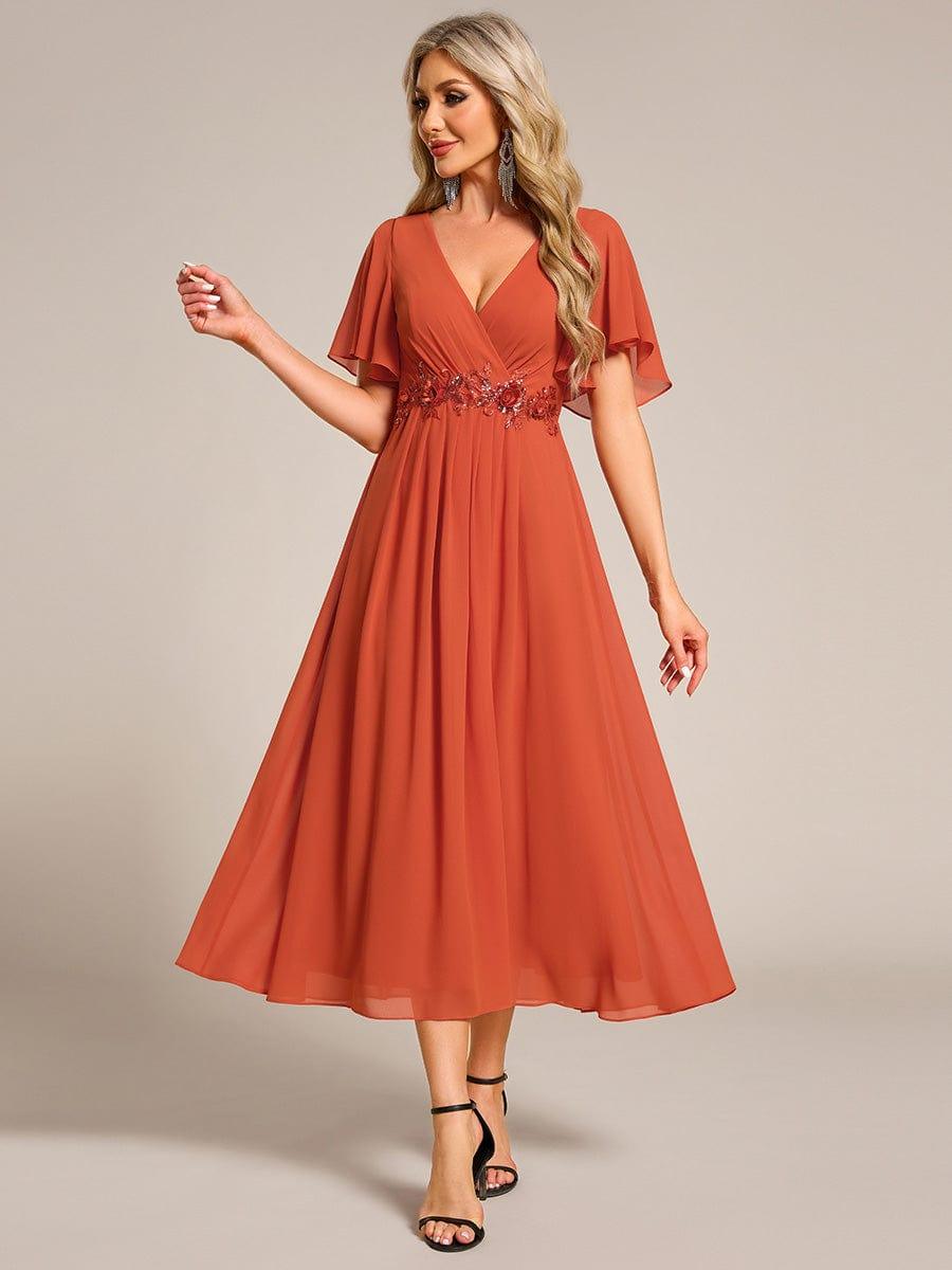 DAHLIA|Floral Applique Short Sleeve V-Neck Chiffon Bridesmaid Dress