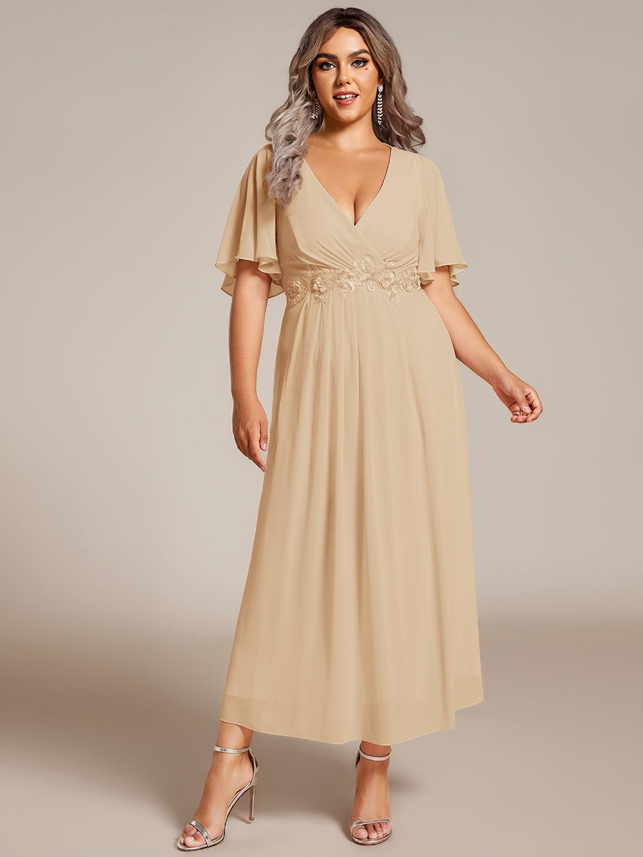DAHLIA|Floral Applique Short Sleeve V-Neck Chiffon Bridesmaid Dress