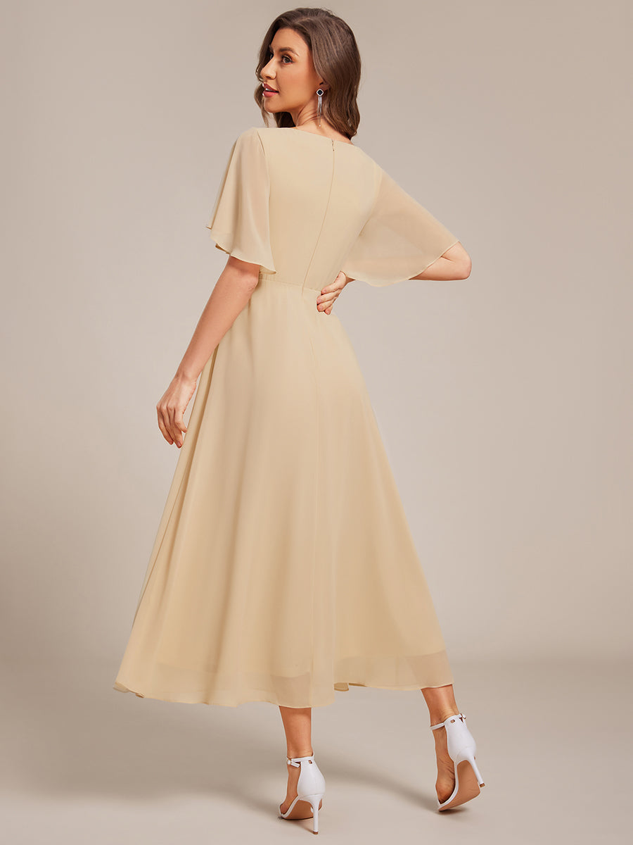 DAHLIA|Floral Applique Short Sleeve V-Neck Chiffon Bridesmaid Dress