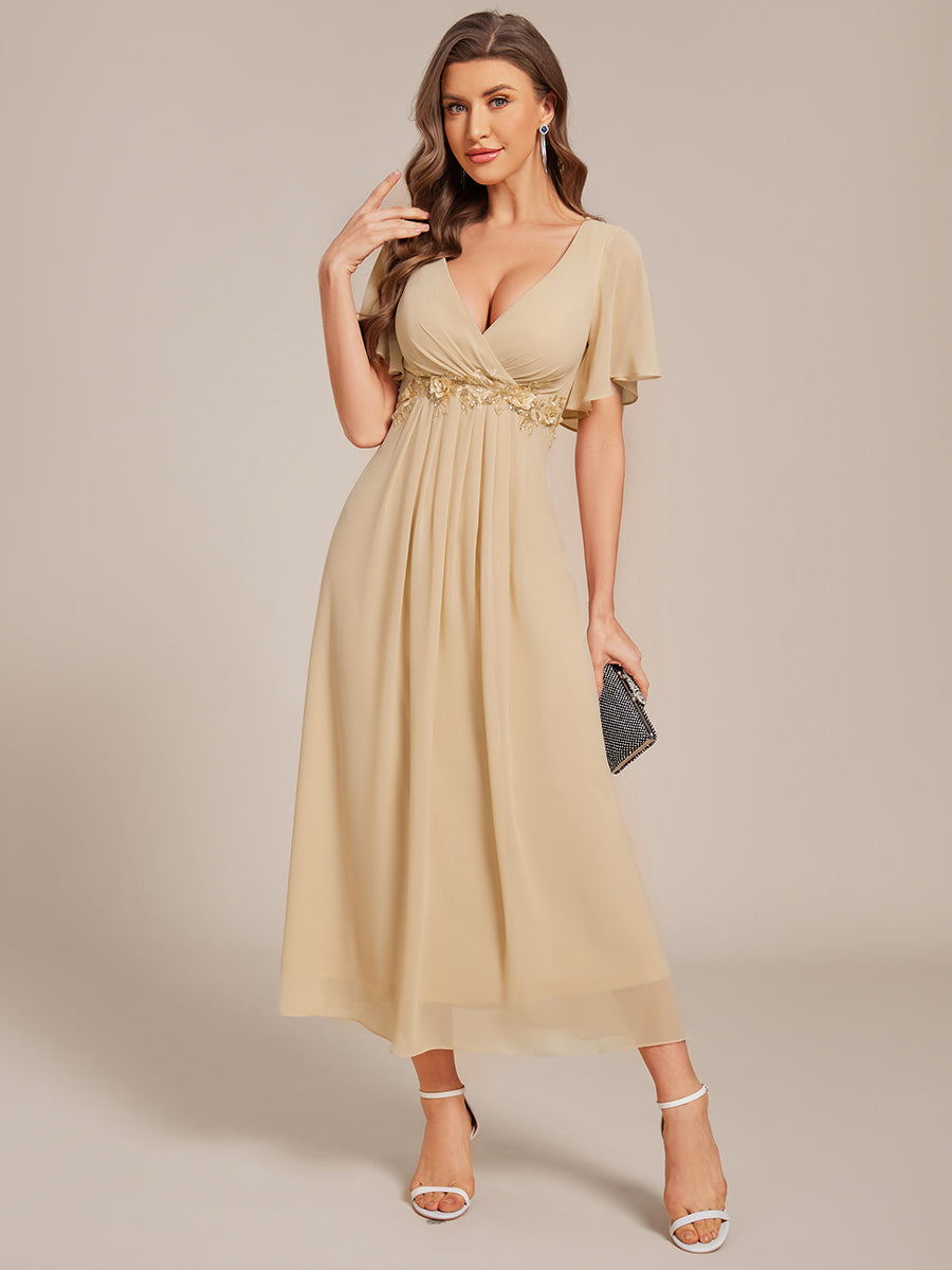 DAHLIA|Floral Applique Short Sleeve V-Neck Chiffon Bridesmaid Dress