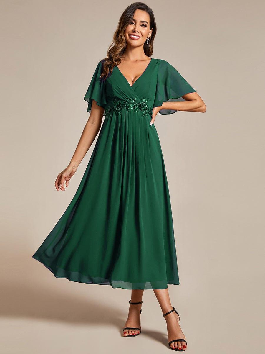 DAHLIA|Floral Applique Short Sleeve V-Neck Chiffon Bridesmaid Dress