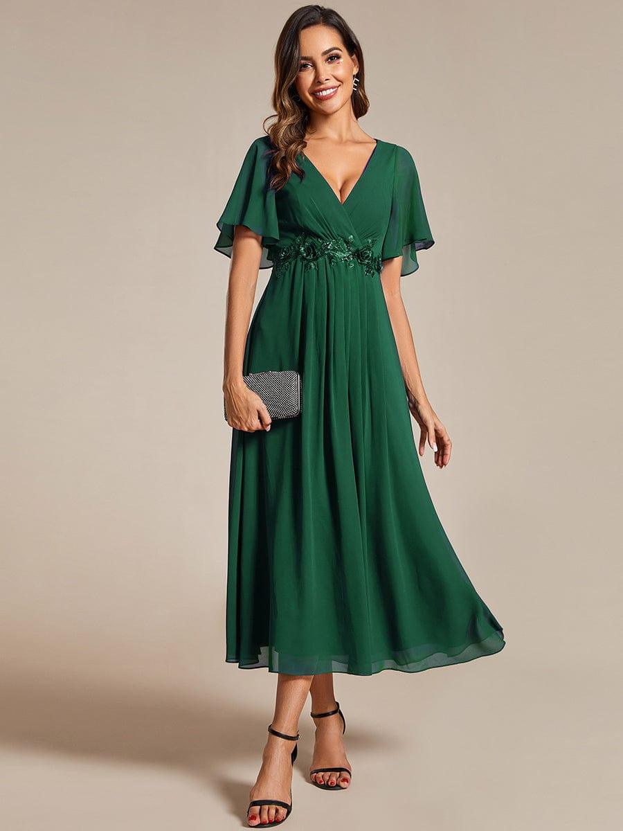DAHLIA|Floral Applique Short Sleeve V-Neck Chiffon Bridesmaid Dress
